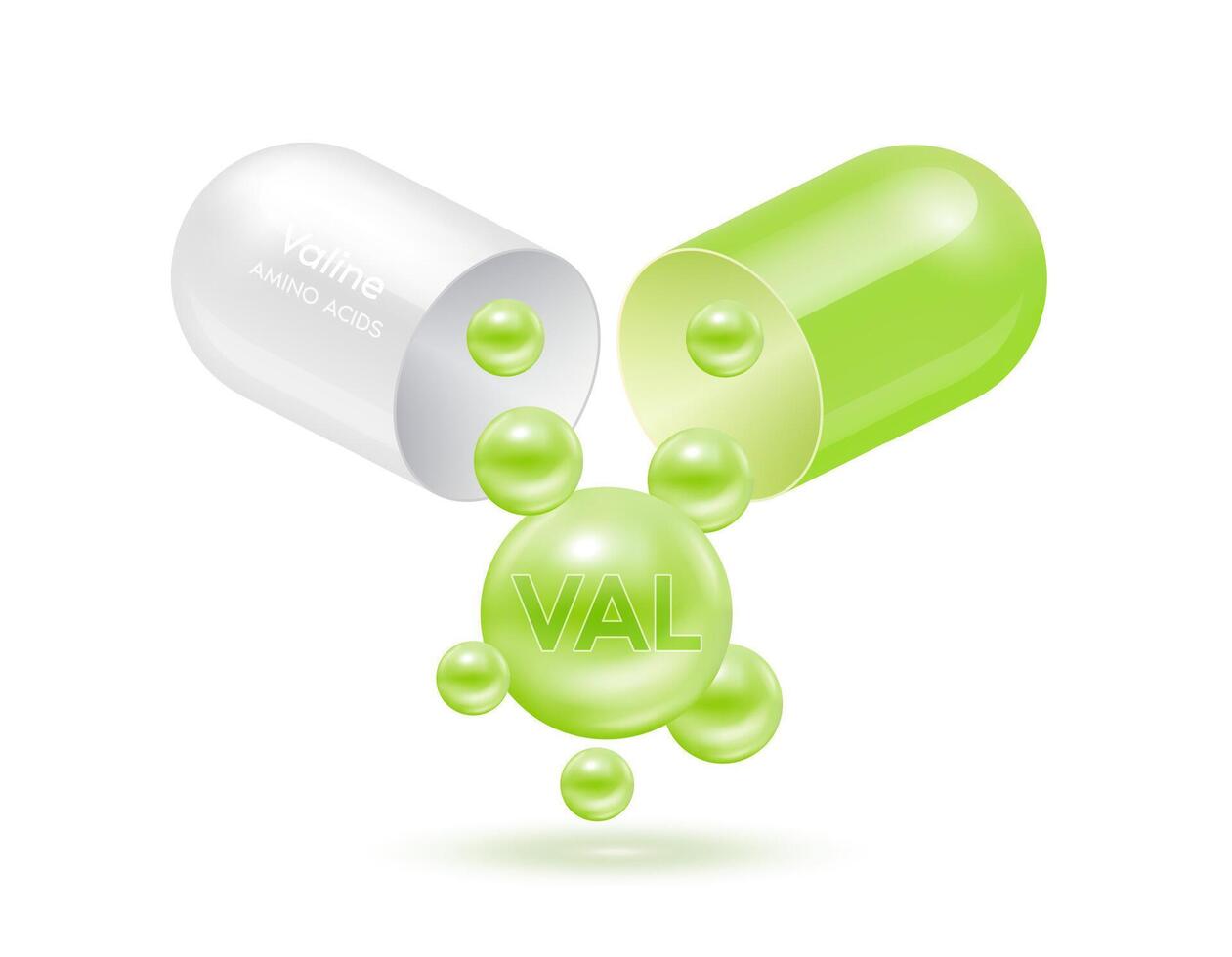 Valine amino acid float out of the capsule green isolated on white background. For food supplement ad package design. Science medical concept. vector