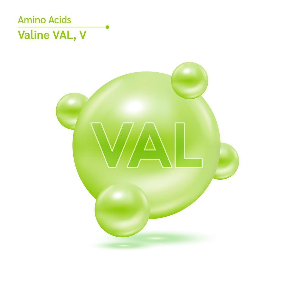 Valine VAL amino acid capsule green vitamins complex minerals. 3D Model of molecule isolated on white background. For food supplement ad package design. Science medical concept. vector
