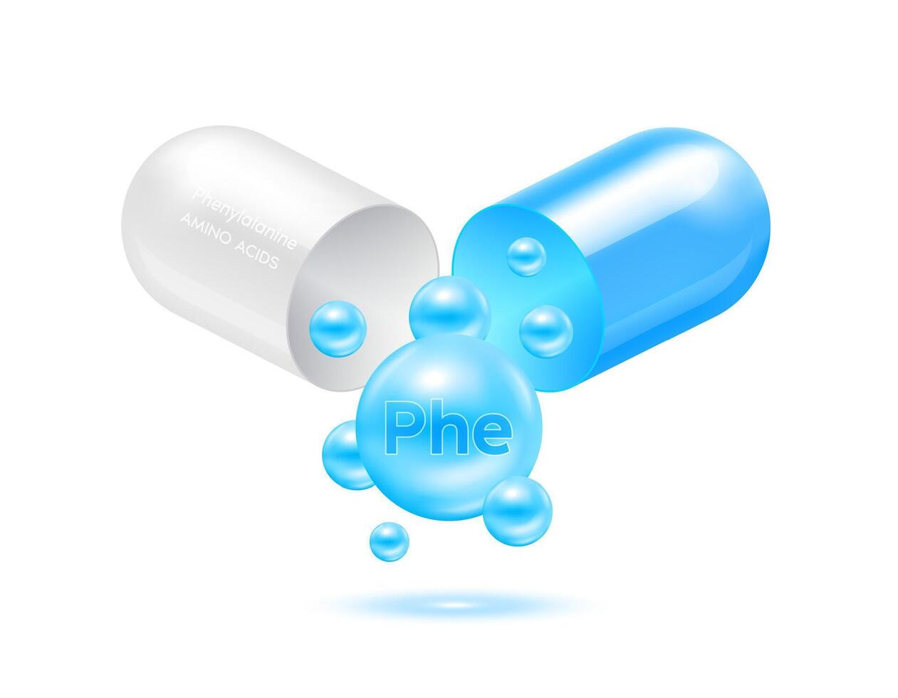 Phenylalanine amino acid float out of the capsule blue isolated on white background. For food supplement ad package design. Science medical concept. vector