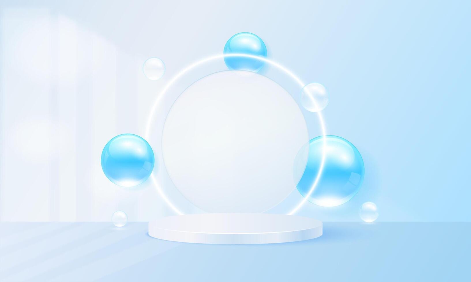 Cosmetic podium display with transparent disc and bubble, glow curve line. Stage pedestal platform. Ads cosmetics beauty skincare product. Studio blue minimal style realistic 3d luxury. vector