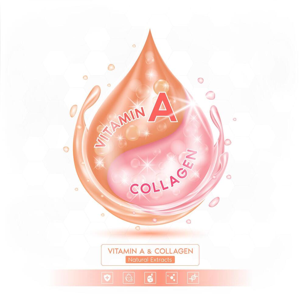 Vitamin A or Retinol and pink collagen solution isolated on white background. Vitamins complex minerals supplements should take in pairs. Helps keep skin moisturized and youthful. vector