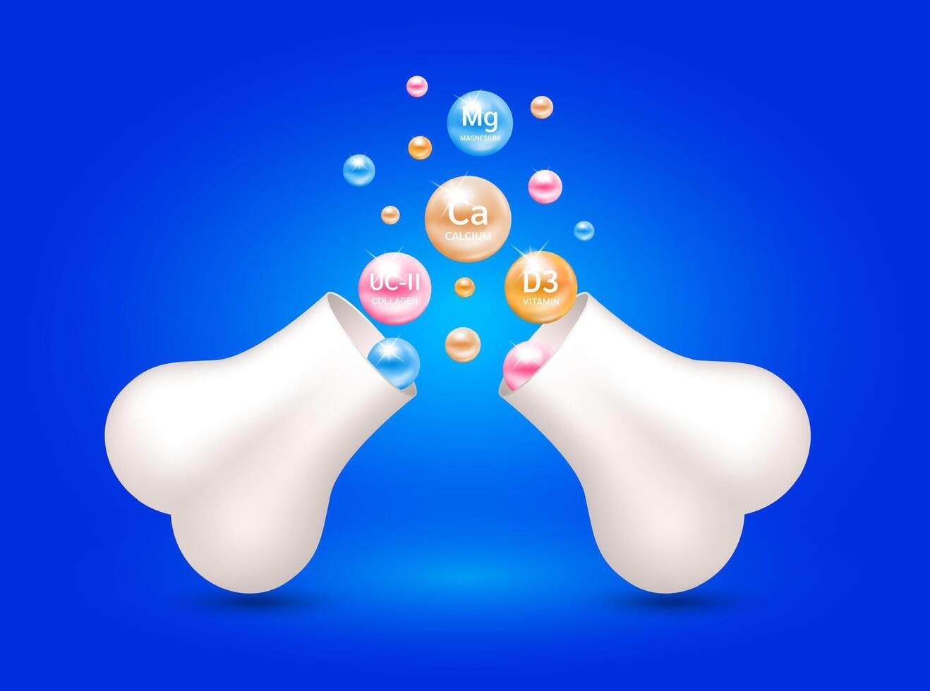 Vitamins and Minerals float out of the bone capsule. Help heal arthritis knee joint, pain in leg. Healthy bones on blue background. Used for nutrition products food template design. vector