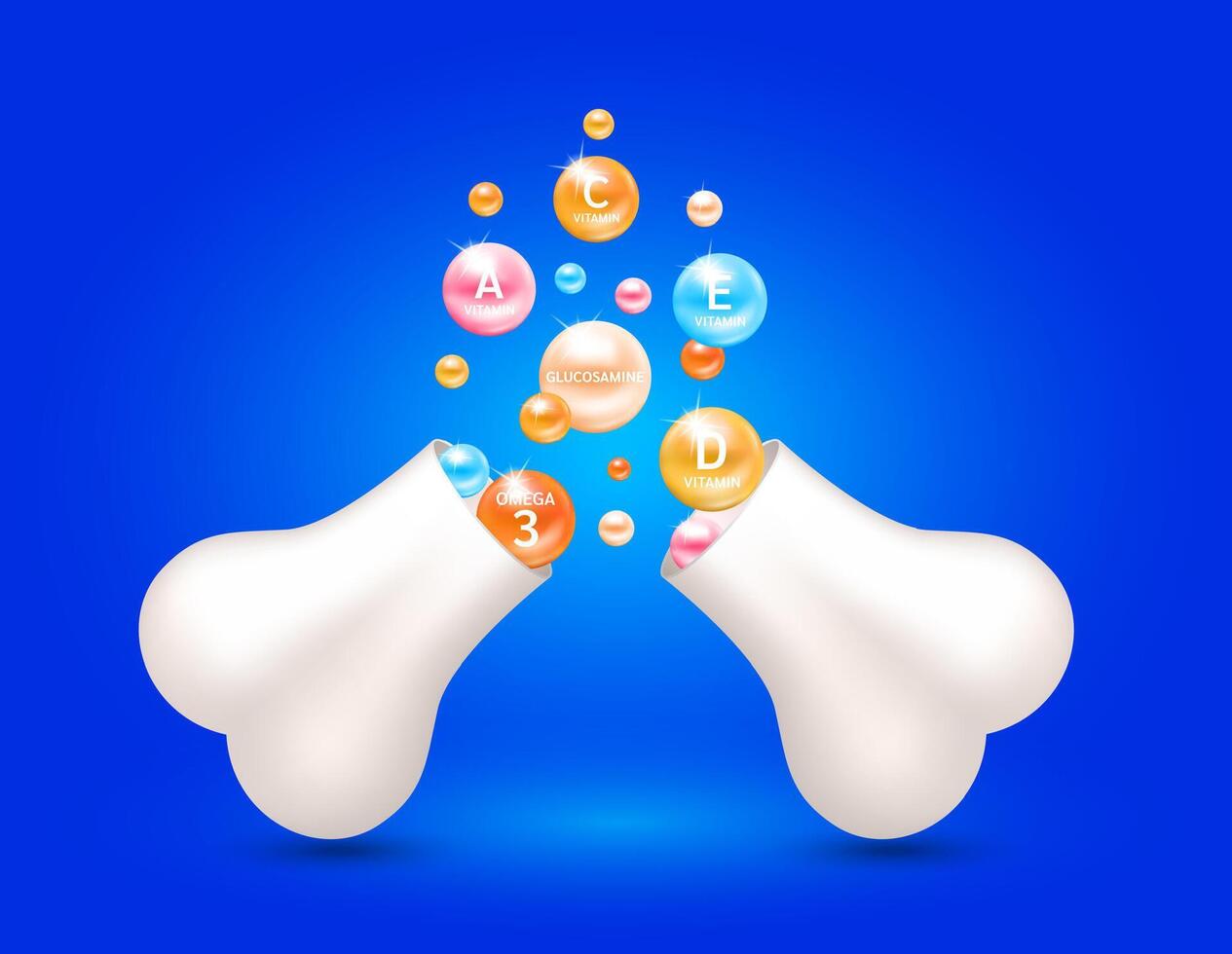 Minerals and vitamin complex float out of the bone capsule. Help heal arthritis knee joint, pain in leg. Healthy bones on blue background. For nutrition products food template design. vector