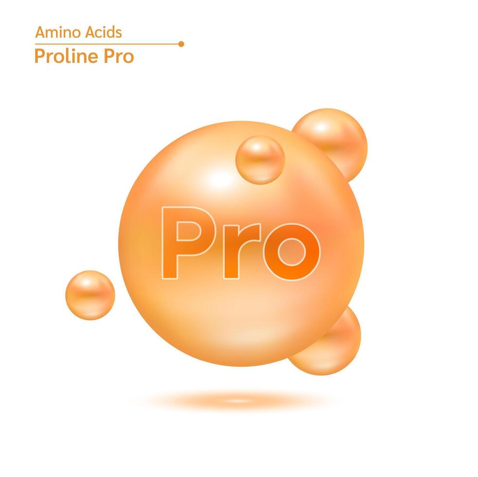 Proline Pro amino acid capsule orange vitamins complex minerals. 3D Model of molecule isolated on white background. For food supplement ad package design. Science medical concept. vector