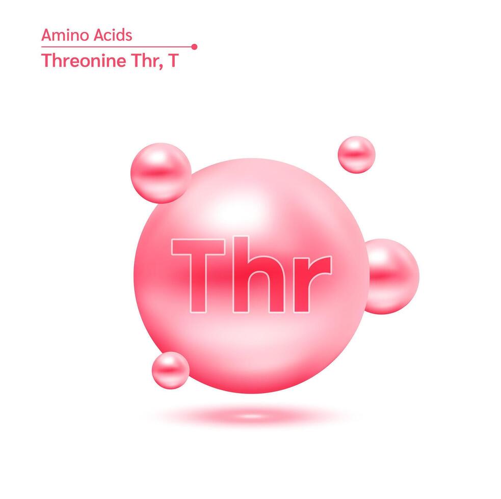 Threonine Thr amino acid capsule pink vitamins complex minerals. 3D Model of molecule isolated on white background. For food supplement ad package design. Science medical concept. vector