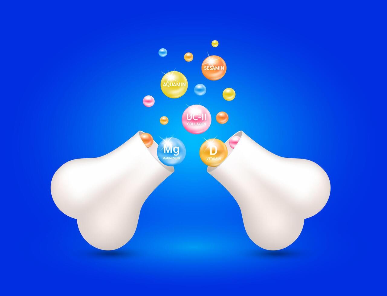 Calcium Vitamin D float out of the bone capsule. Help heal arthritis knee joint, pain in leg. Healthy bones on blue background. Used for nutrition products food template design. vector