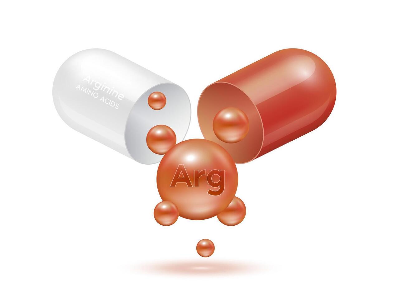 Arginine amino acid float out of the capsule brown isolated on white background. For food supplement ad package design. Science medical concept. vector