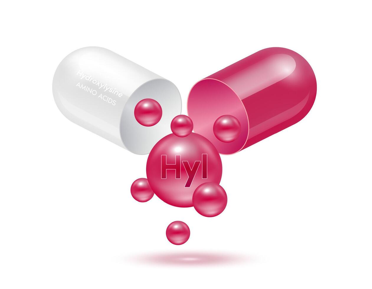 Hydroxylysine amino acid float out of the capsule purple isolated on white background. For food supplement ad package design. Science medical concept. vector