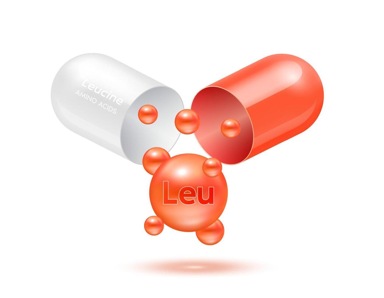 Leucine amino acid float out of the capsule red isolated on white background. For food supplement ad package design. Science medical concept. vector