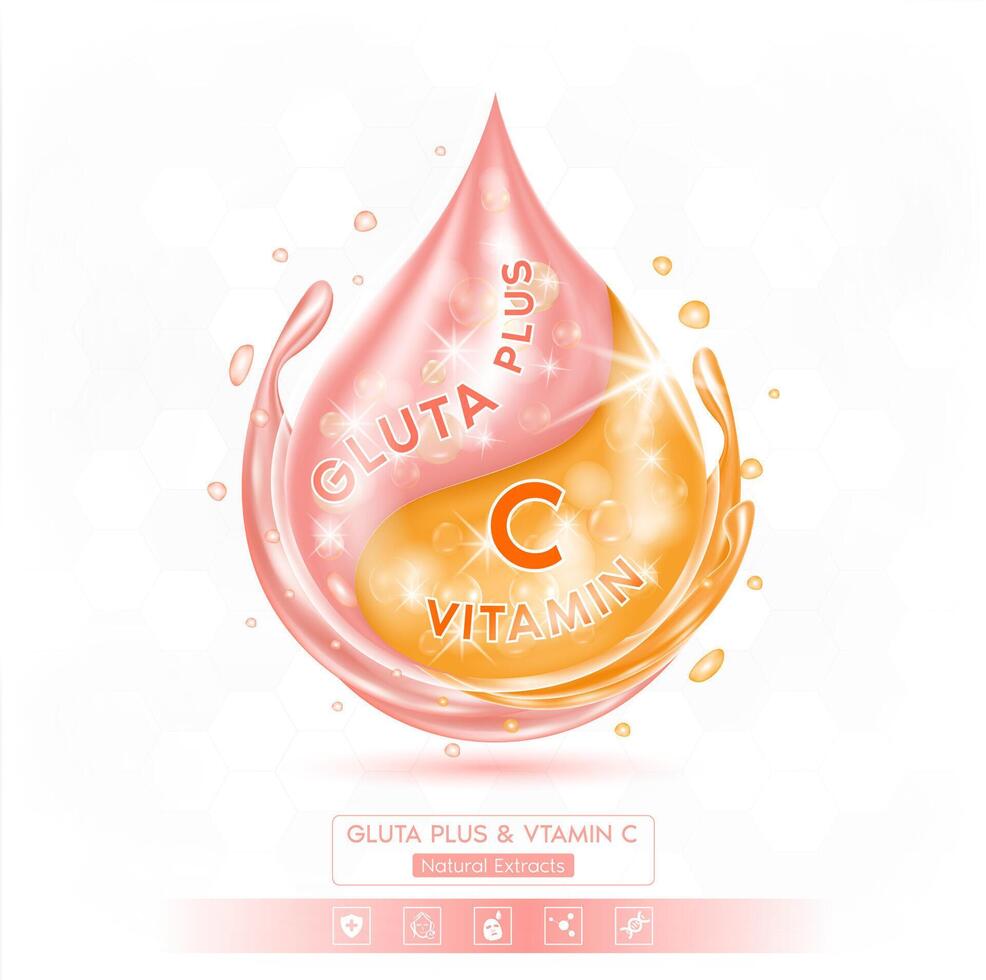 Vitamin C and pink collagen glutathione solution isolated on white background. Vitamins complex minerals supplements should take in pairs. Helps keep skin moisturized and youthful. vector