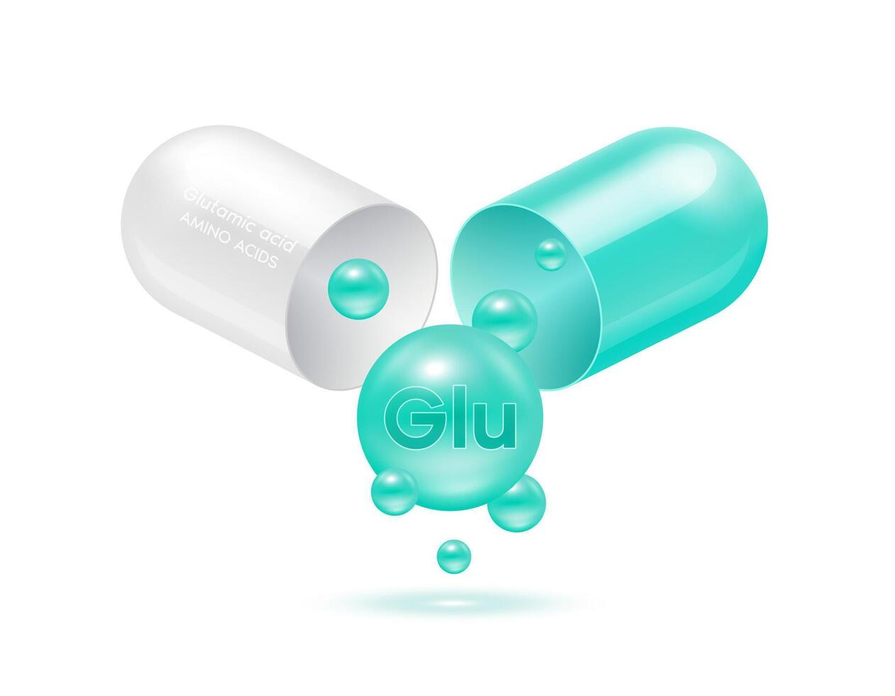 Glutamic acid amino acid float out of the capsule green isolated on white background. For food supplement ad package design. Science medical concept. vector