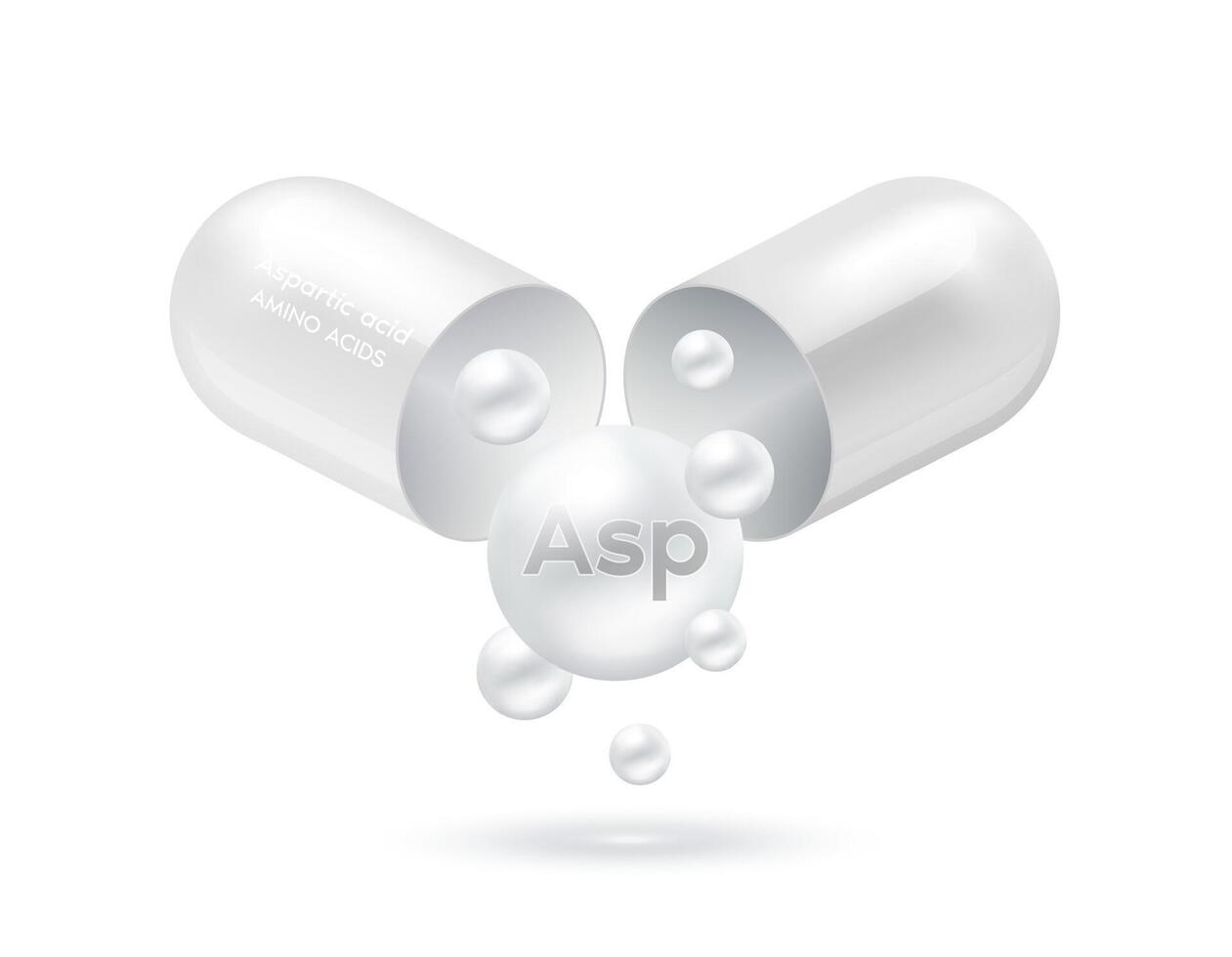 Aspartic acid amino acid float out of the capsule isolated on white background. For food supplement ad package design. Science medical concept. vector