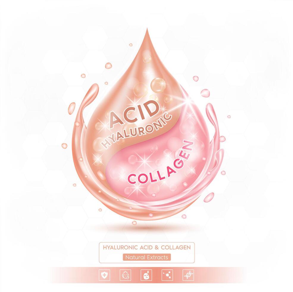 Hyaluronic acid and pink collagen solution isolated on white background. Vitamins complex minerals supplements should take in pairs. Helps keep skin moisturized and youthful. vector