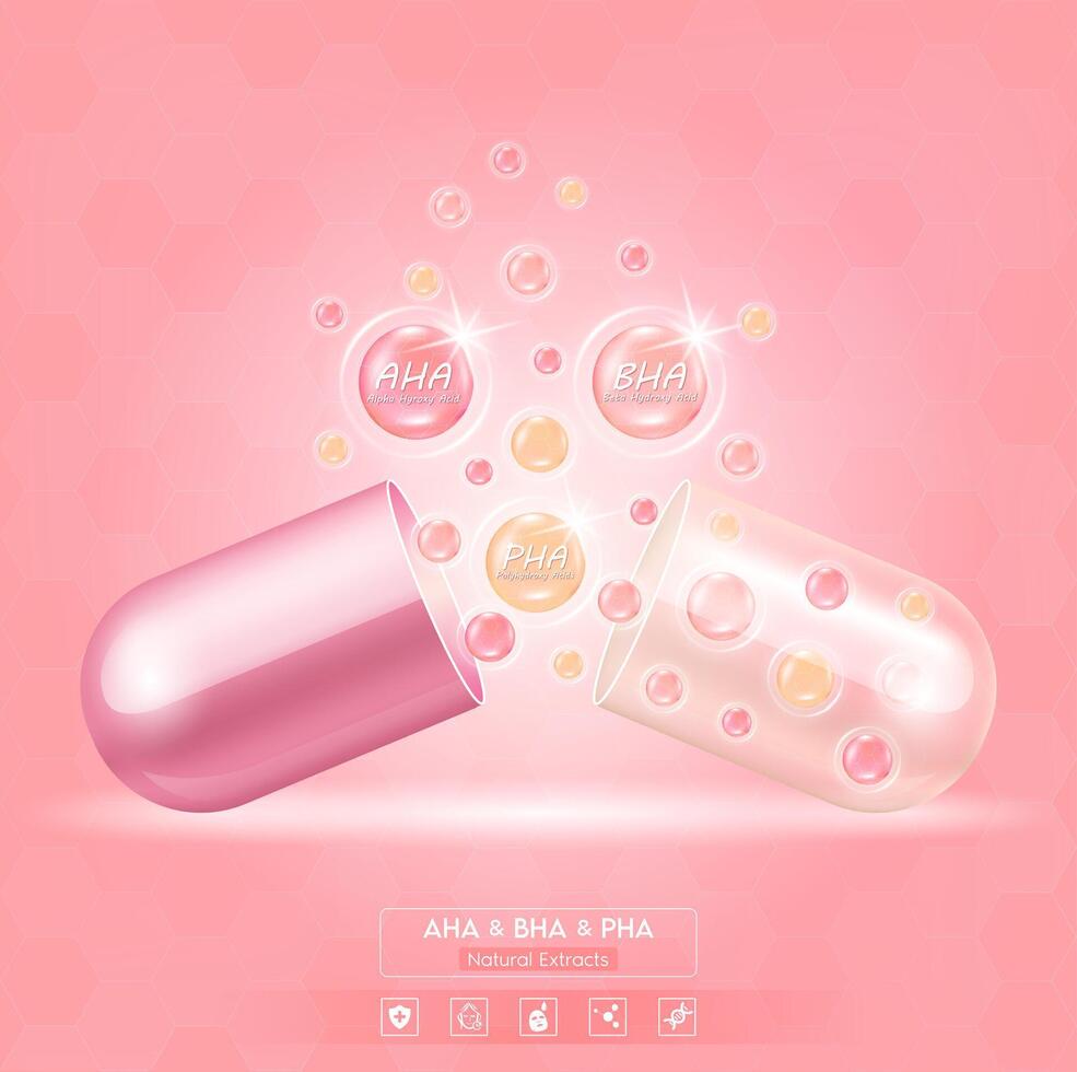 Collagen solution AHA, BHA and PHA on pink background. Vitamins complex minerals supplements should take in pairs. Helps keep skin moisturized and youthful. vector