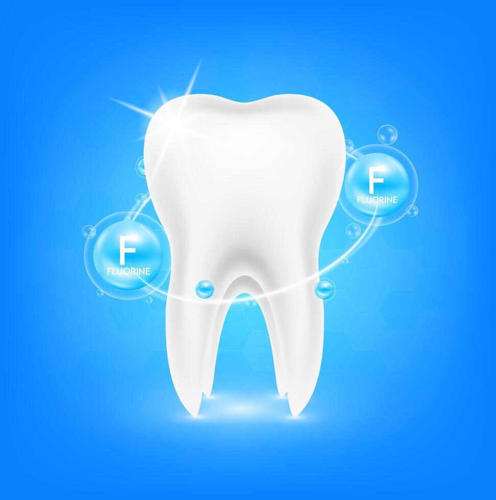 Healthy tooth and Minerals fluorine blue. Radius ring surrounds on a blue background. For nutrition products design. vector