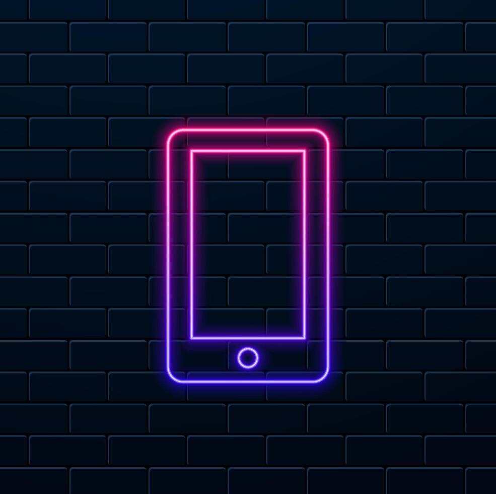 Simple cell phone icon. Linear symbol, thin outline.Neon smartphone, mobile phone icon isolated. neon style. vector