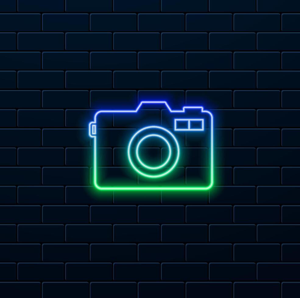 Photo camera symbol. DSLR camera sign icon. Digital camera. Neon style. vector