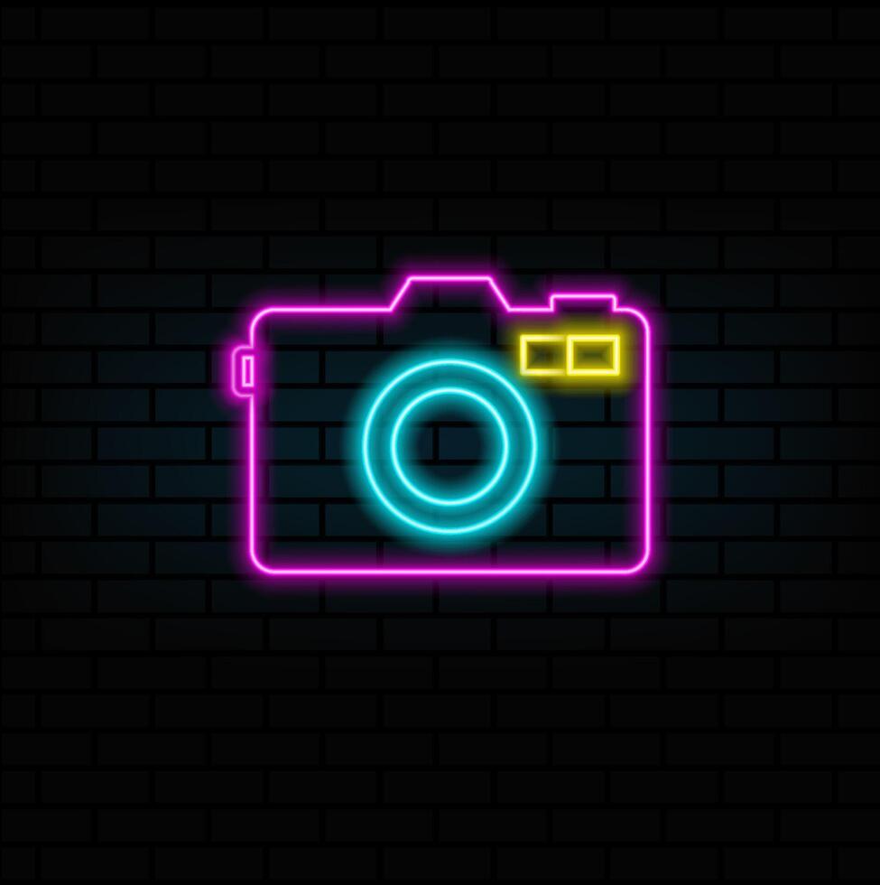 Camera photography icon illustration. neon style. Photo camera symbol. DSLR camera sign icon. Digital camera. Neon style. vector