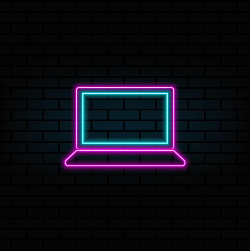 neon style. portable device icon, office computer. neon style. Laptop or computer line icon. neon style. vector