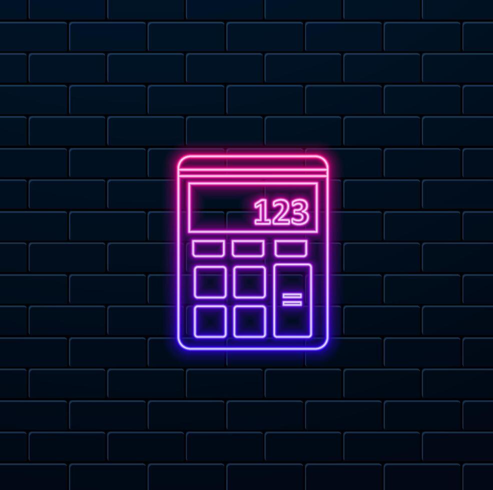 Device for calculating mathematical data. calculator with buttons with numbers and math symbols. neon style. for web application design and interface infographics. vector