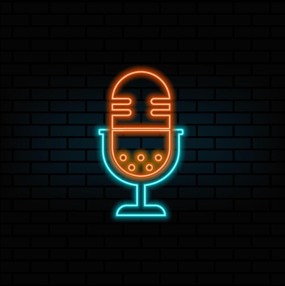 neon style. microphone emblem logo illustration vintage template icon graphic design. neon style. podcast station sign or symbol for broadcast or radio concept vector