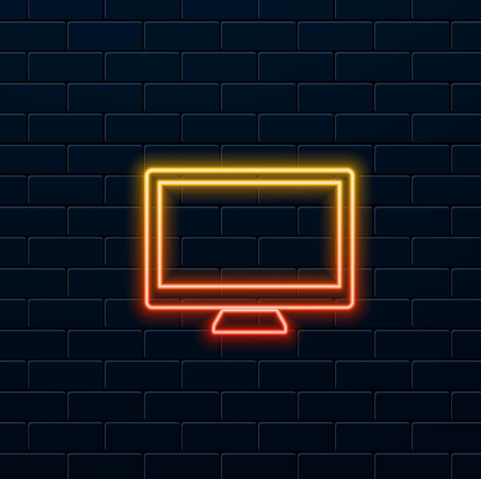 Computer monitor screen hardware technology, illustration graphic design. neon style. image of desktop computer with flat screen. vector