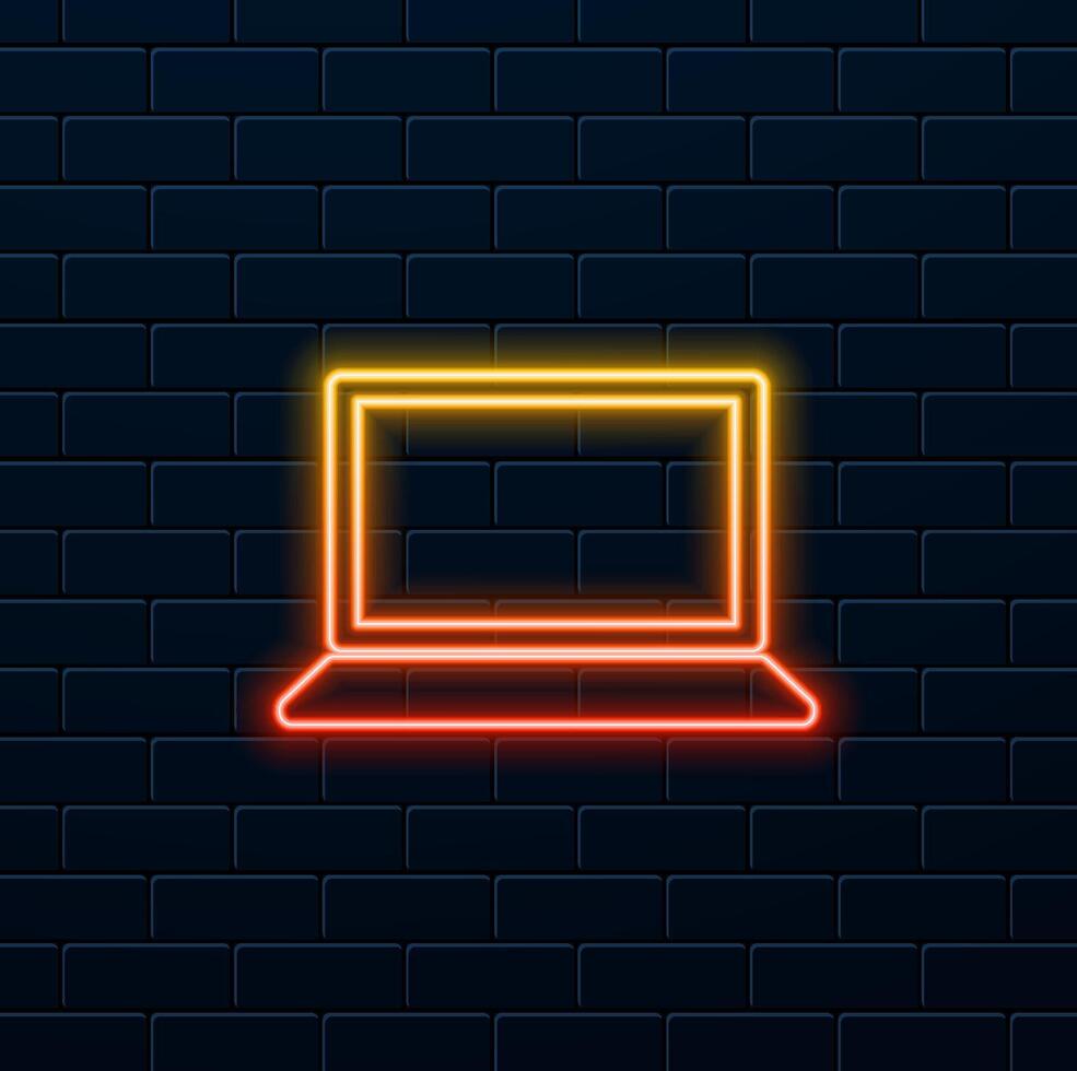 Portable device icon sign, office computer. neon style. Laptop or computer line icon. neon style. vector