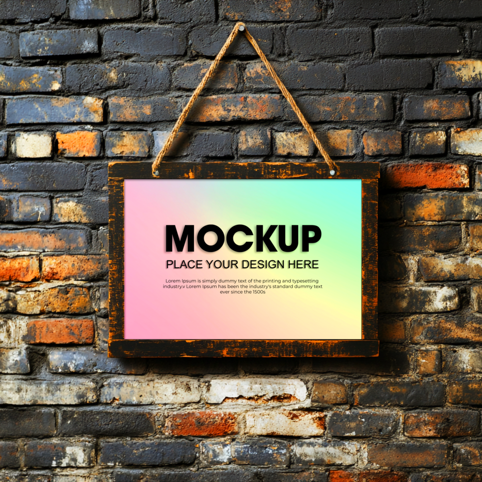 Mockup of a Rustic Wooden Frame Hanging on a Brick Wall psd