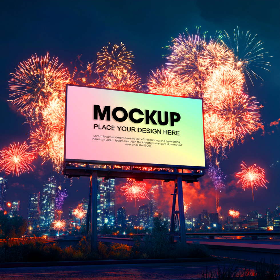 Billboard Mockup with Fireworks Display and Nighttime Cityscape psd