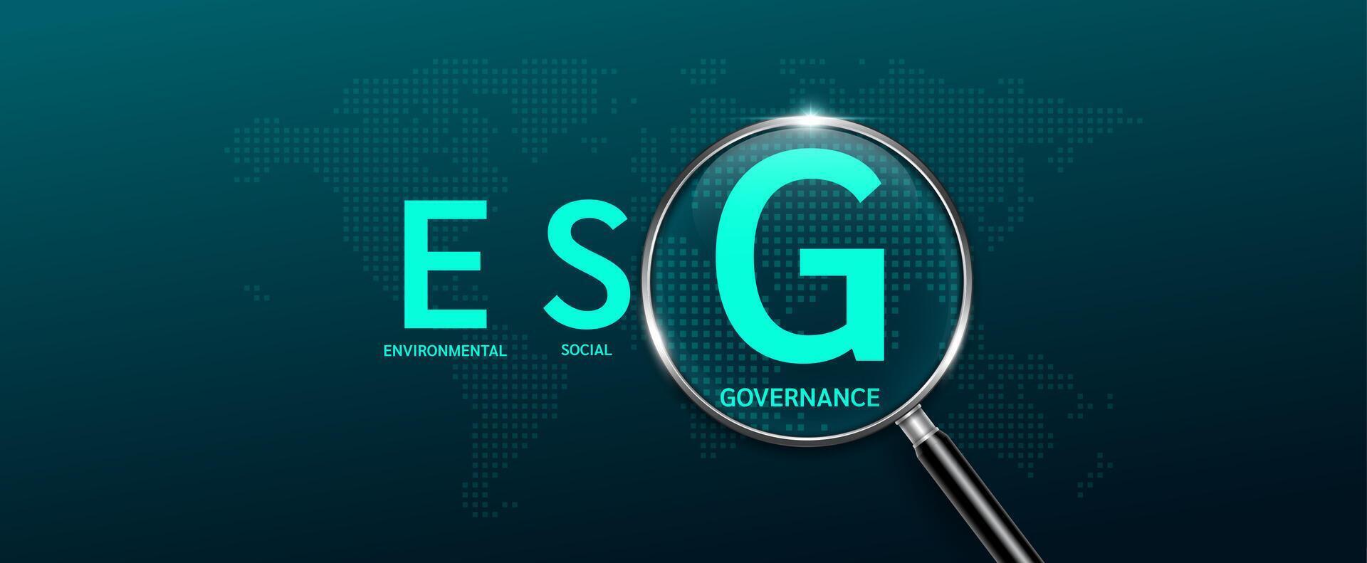 Magnifying glass look letter G green with world map. ESG of environmental, social, and corporate governance. Sustainable corporation development and planning business strategy. vector
