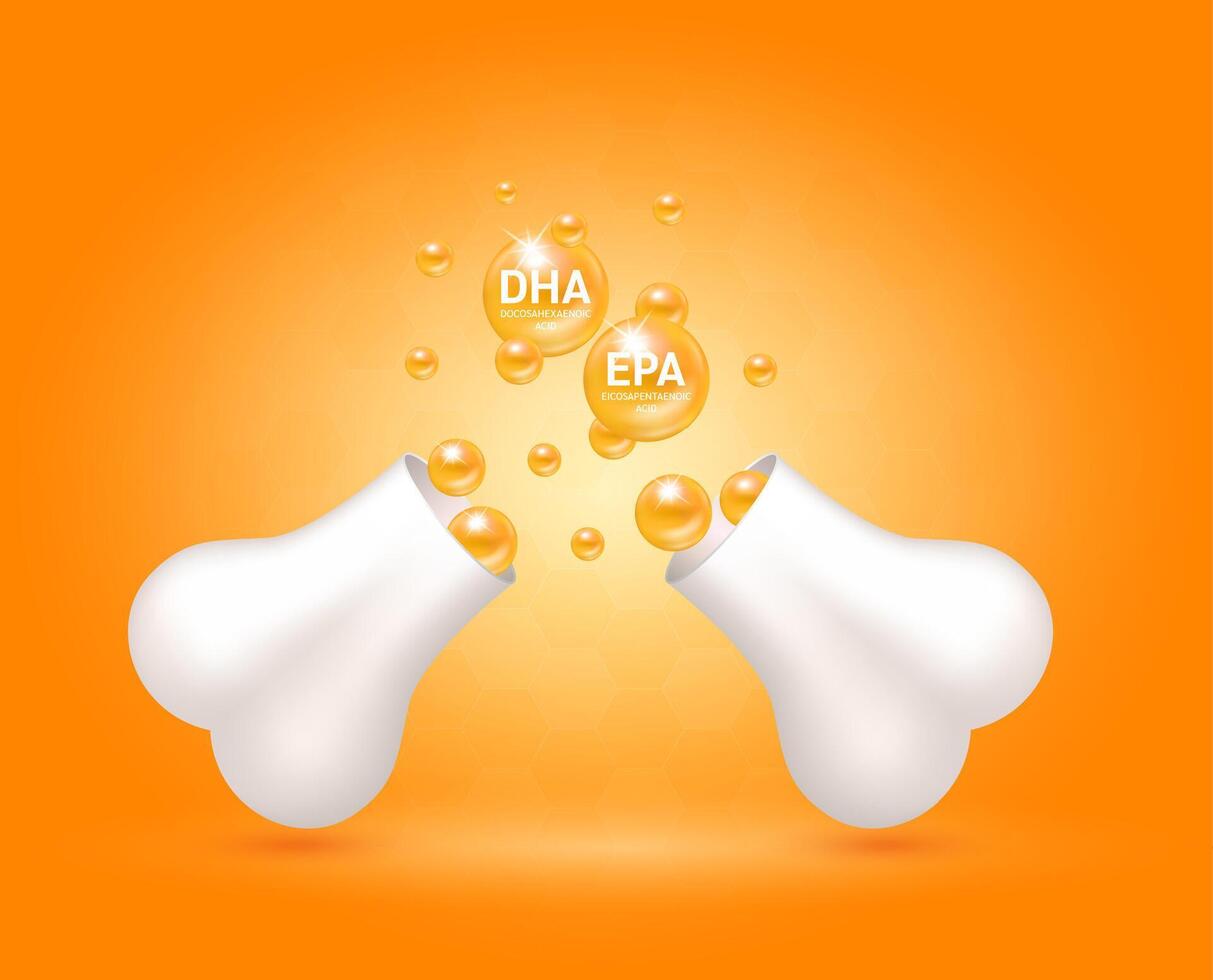 Omega 3 EPA DHA float out of the bone capsule. Help heal arthritis knee joint, pain in leg. Healthy bones on blue background. Used for nutrition products food template design. vector