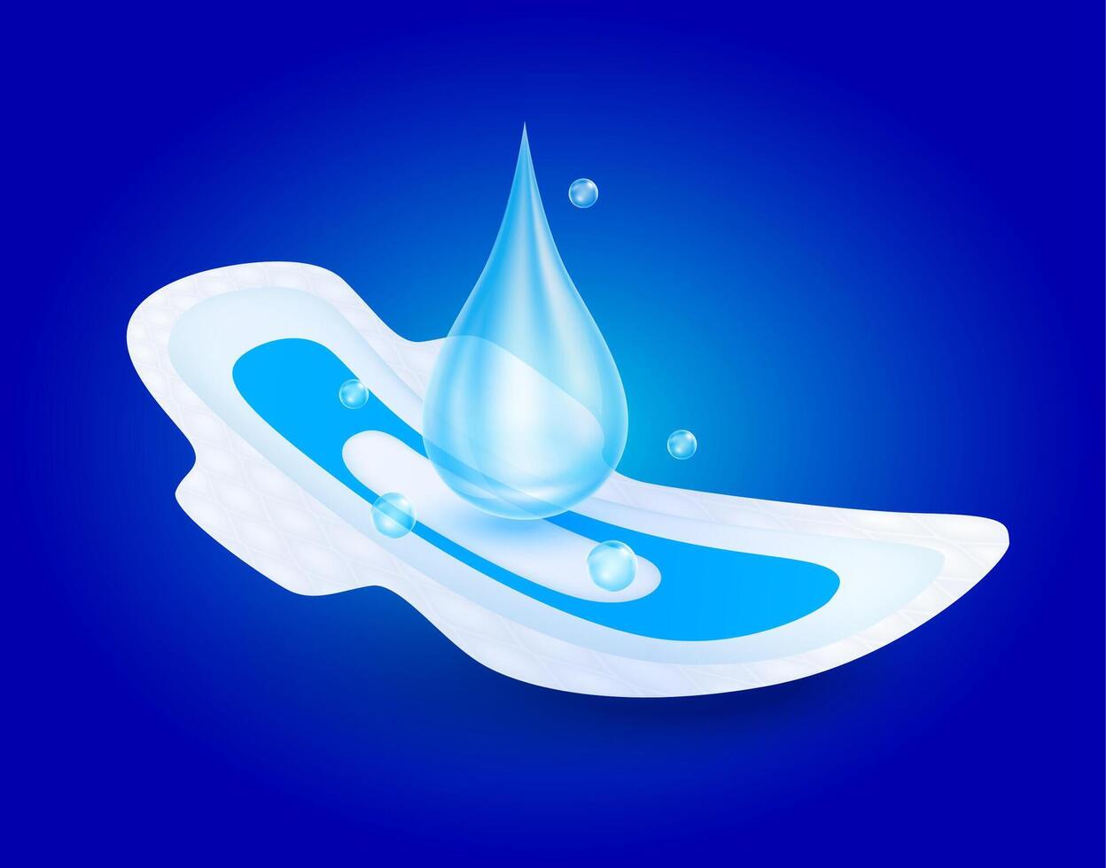 Water drop air bubble on sanitary pad napkin with wings for feminine hygiene menstruation of absorbent pad for women. Hygroscopic offering soft comfort. Realistic 3D. For advertising diapers. vector