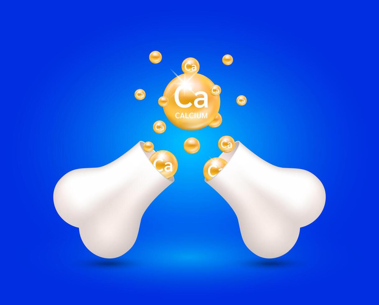 Calcium float out of the bone capsule. Help heal arthritis knee joint, pain in leg. Healthy bones on blue background. Used for nutrition products food template design. vector