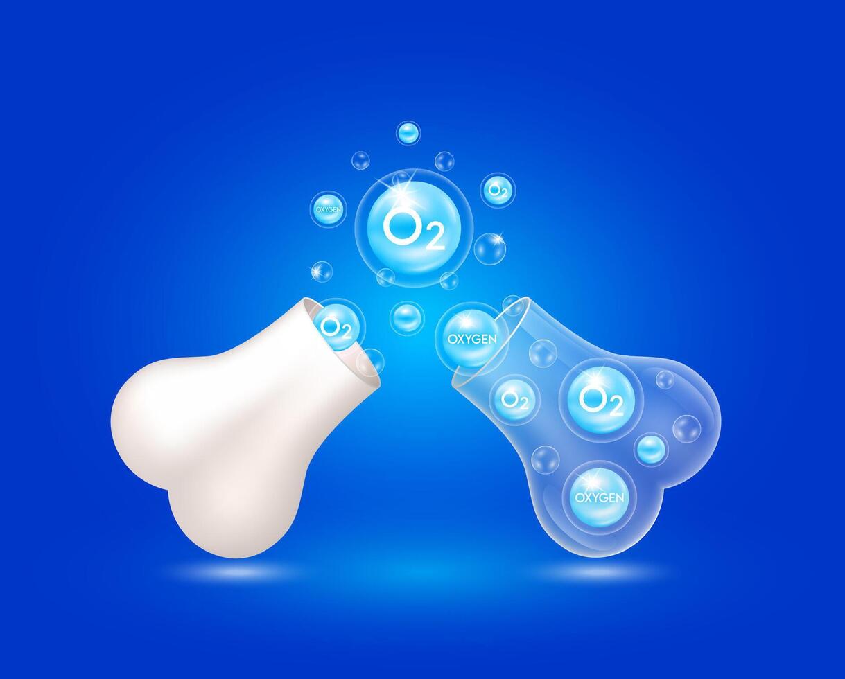 Oxygen float out of the bone capsule. Help heal arthritis knee joint, pain in leg. Healthy bones on blue background. Used for nutrition products food template design. vector