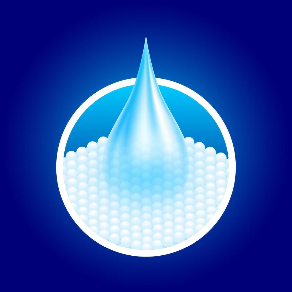 Water droplets flow through the absorbent pad close up. Sponge pads and hygroscopic tablets offering soft comfort. Can used for advertising diapers, sanitary napkins . vector