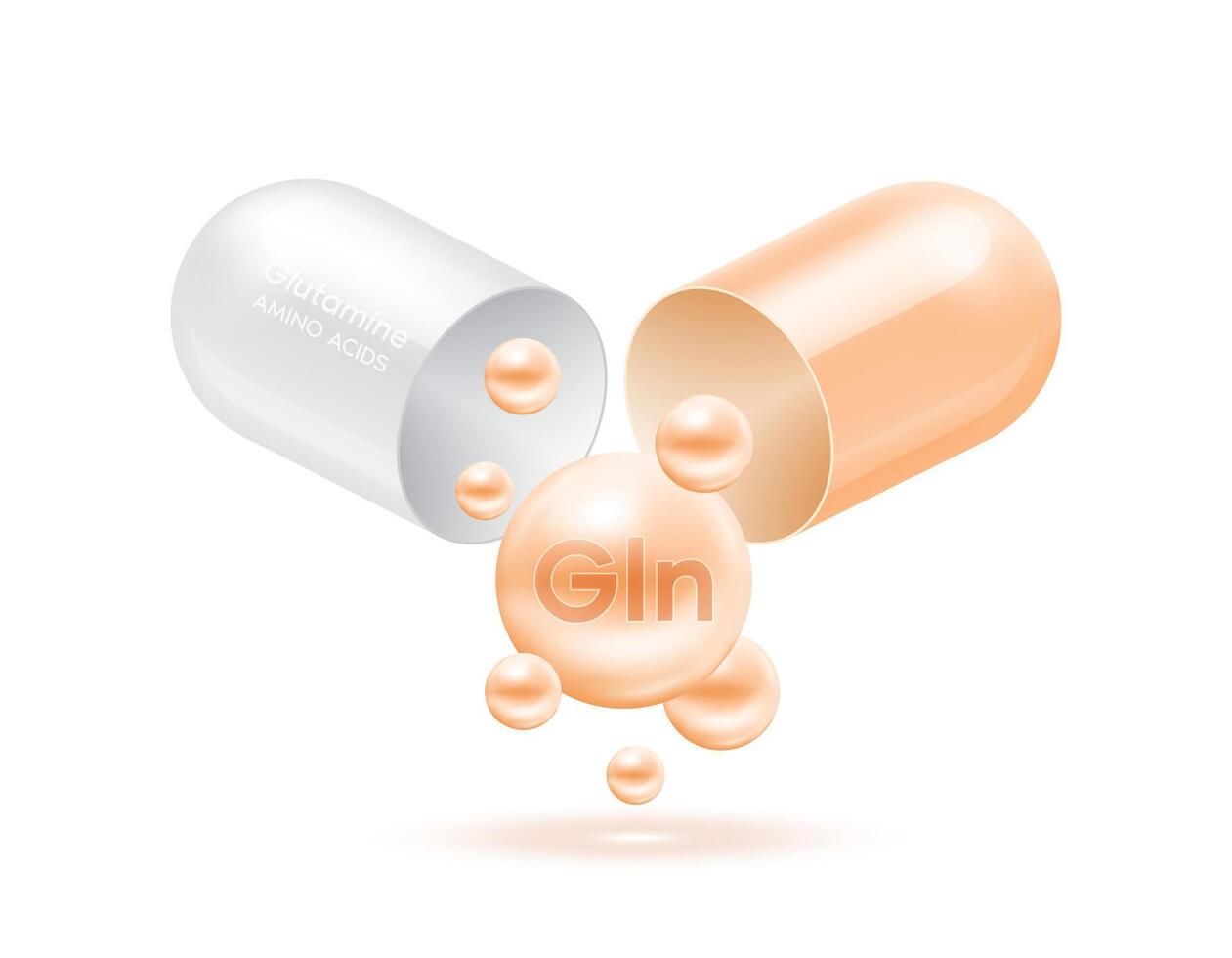 Glutamine amino acid float out of the capsule orange isolated on white background. For food supplement ad package design. Science medical concept. vector