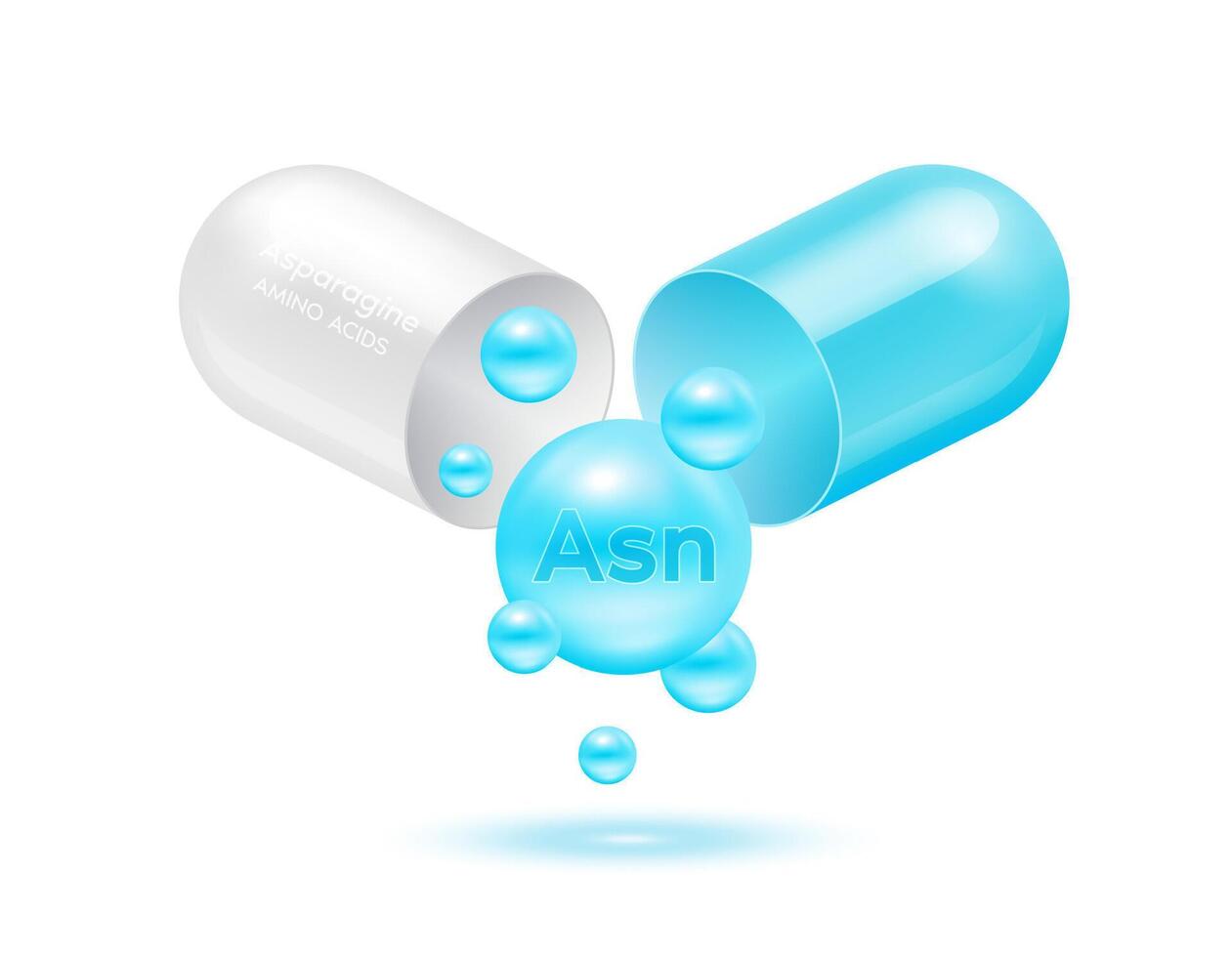 Asparagine amino acid float out of the capsule blue isolated on white background. For food supplement ad package design. Science medical concept. vector