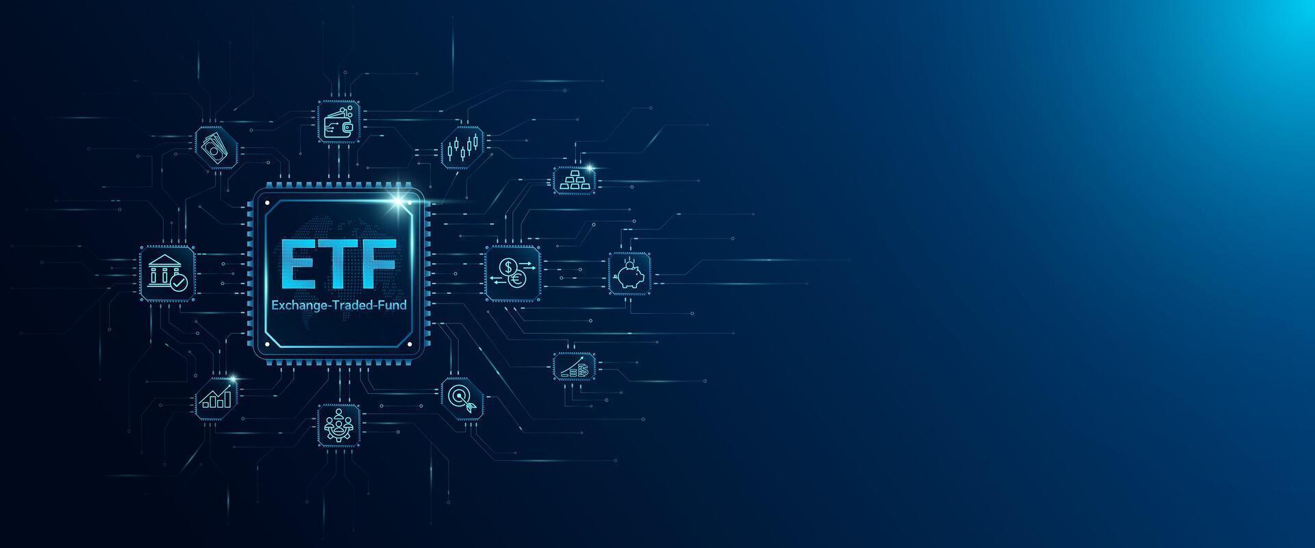 ETF letters in microchip processor circuit board. Exchange Traded Fund. Planning business strategy index fund. Trading investment stock market. Innovative technology digital. vector