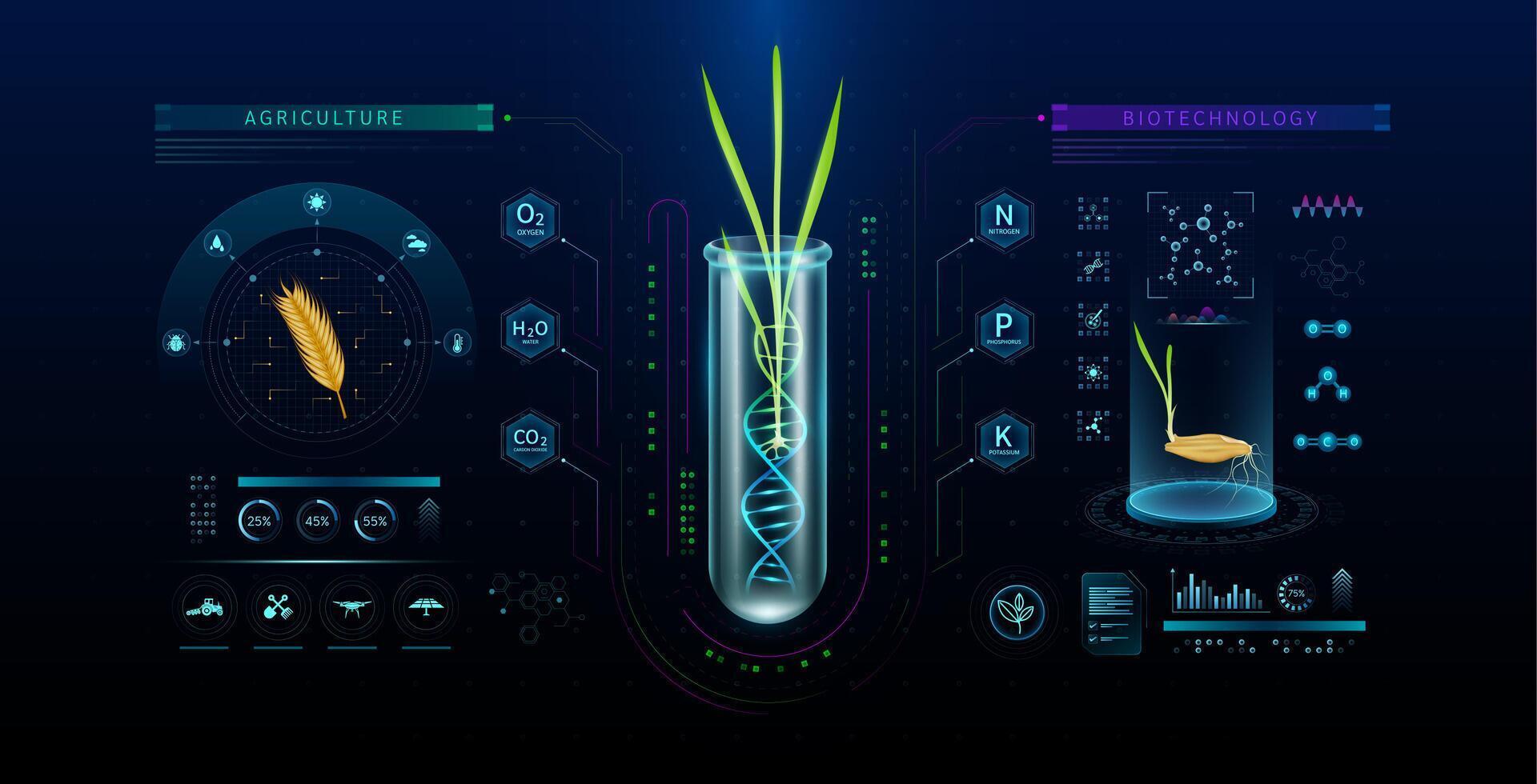 Green barley seedling DNA helix structure in glass test tube. Plant hordeum vulgare seeds roots growth genetic modification experiment for cultivation. Biotechnology agriculture science. vector