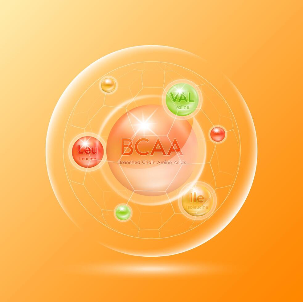 Branched chain amino acids or BCAA. Dietary supplement for pharmacy clinic ad banner design. Capsules vitamins minerals complex on orange background. Science medical concept. vector