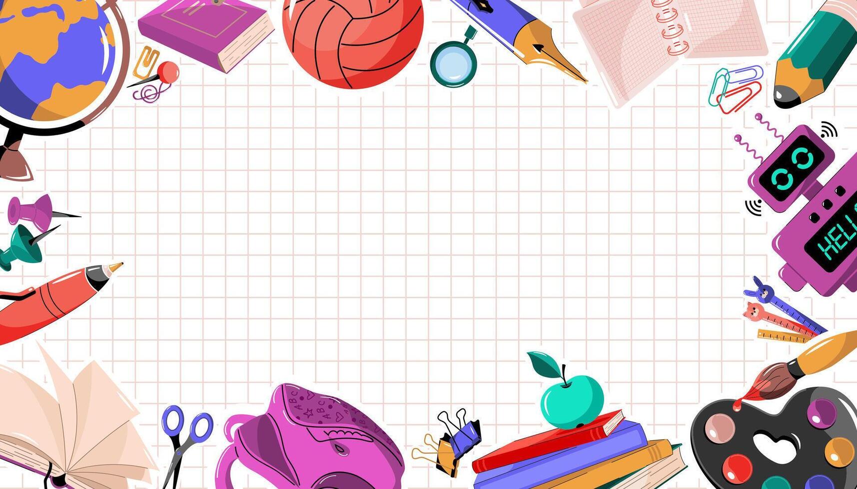 Background on back to school with educational supplies. Frame with a pattern of school accessories and symbols, copy space in the center. vector