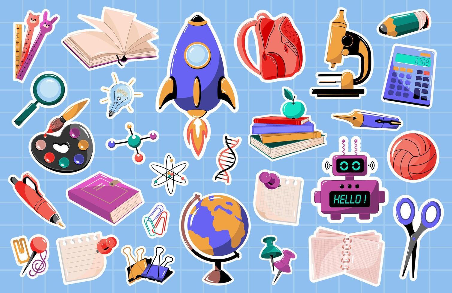 Stickers in a white outline, school education. Clerical elements and symbols of knowledge. Globe, rocket, pens, pencils, backpack, books, robot, calculator and more. vector