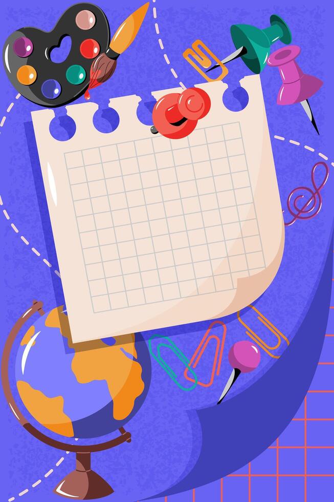 Modern background on school theme. Poster with school supplies, concept of education and knowledge, back to school, university. Ideal for web ads, flyers, banners, discounts and sales. vector