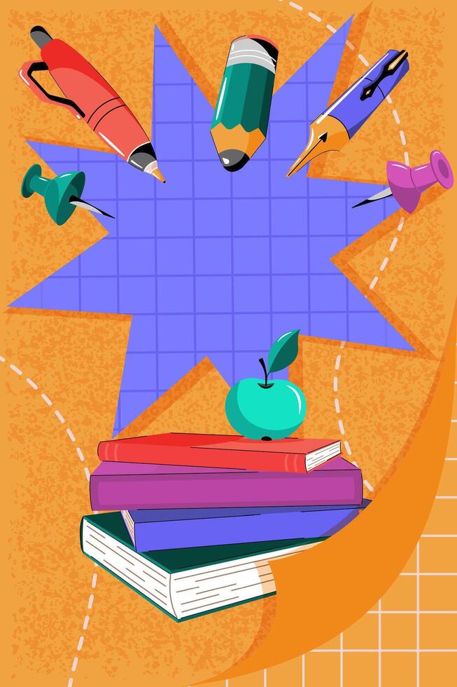 Modern background on school theme. A poster with a stack of books and an apple, the concept of education and knowledge. Back to school, university. vector