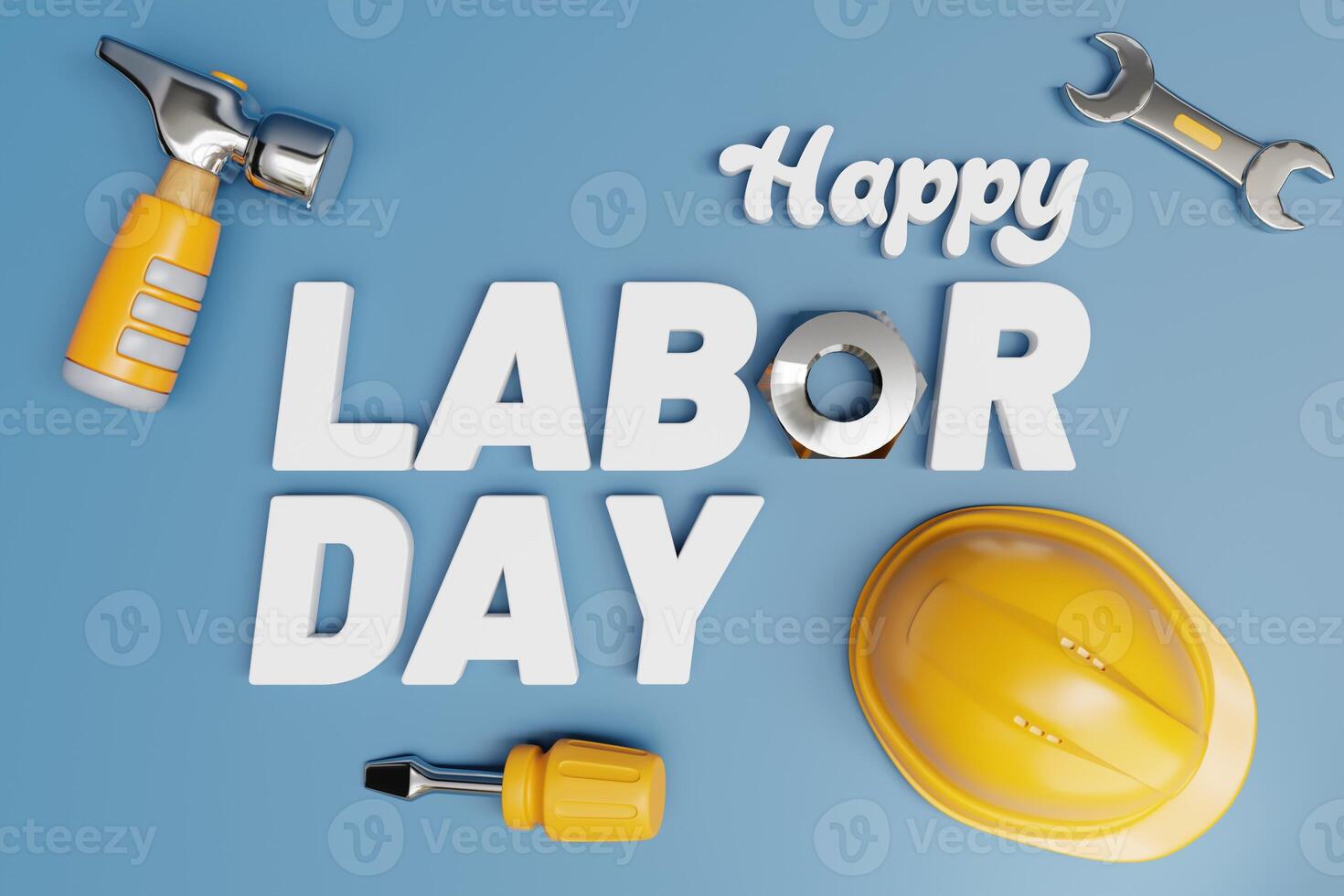 labor day text with tools and construction equipment on blue background photo