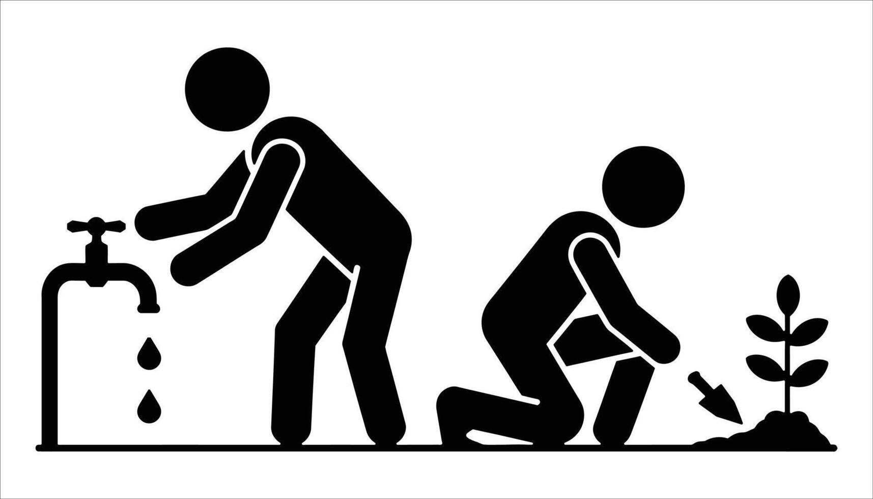 Black Silhouette of Person Planting Tree and Washing Hands with Water Tap Icon vector