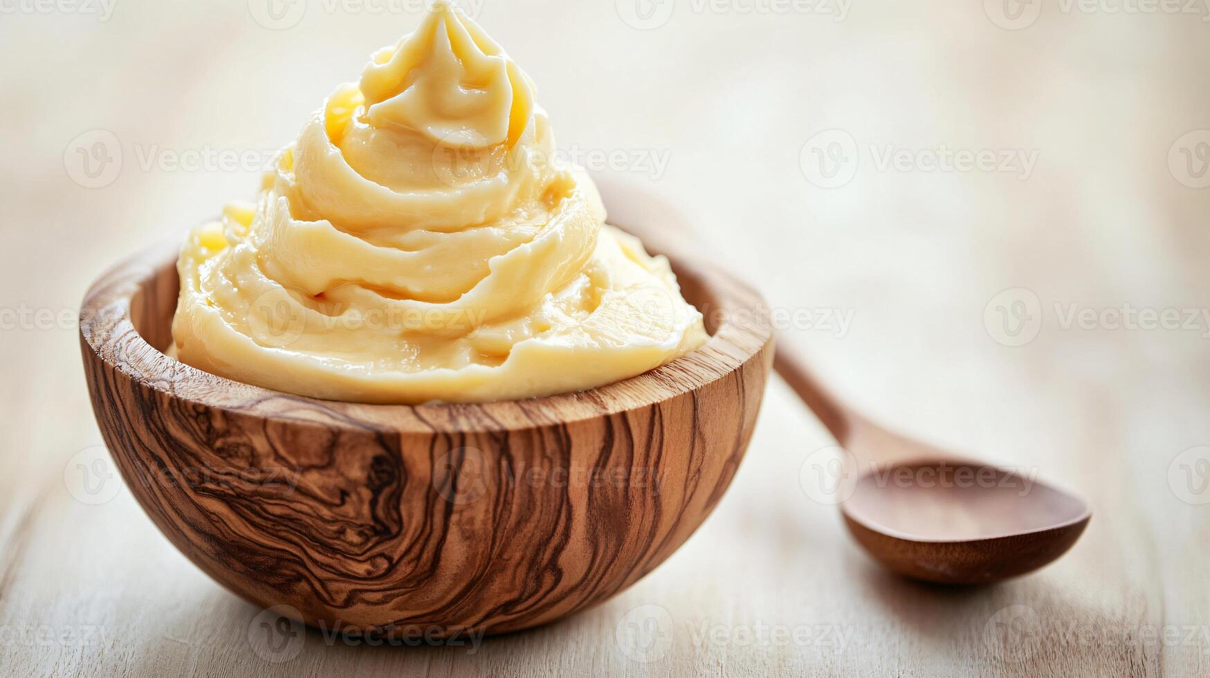 Delicious Homemade Caramel Cream Dessert on Wooden Bowl photo
