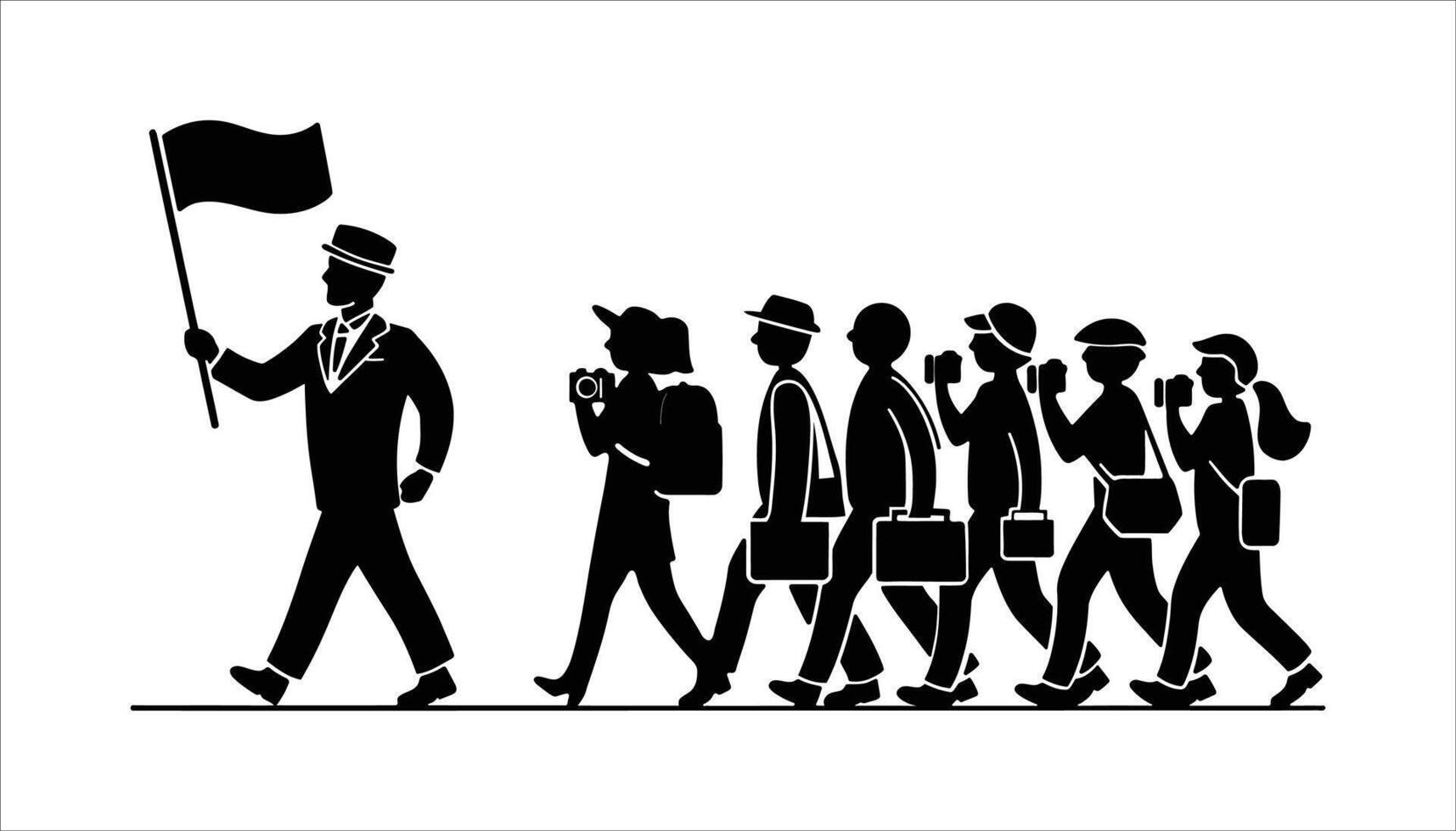Leader Leading Group of People Walking with Flag Icon vector