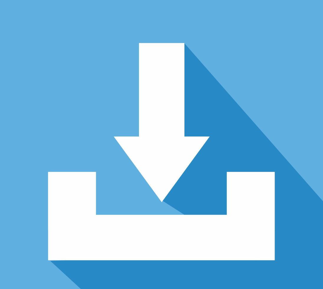 A simple download blue square icon with shadow in the form of a downward arrow and a black line as a sign that the file or document has been downloaded vector