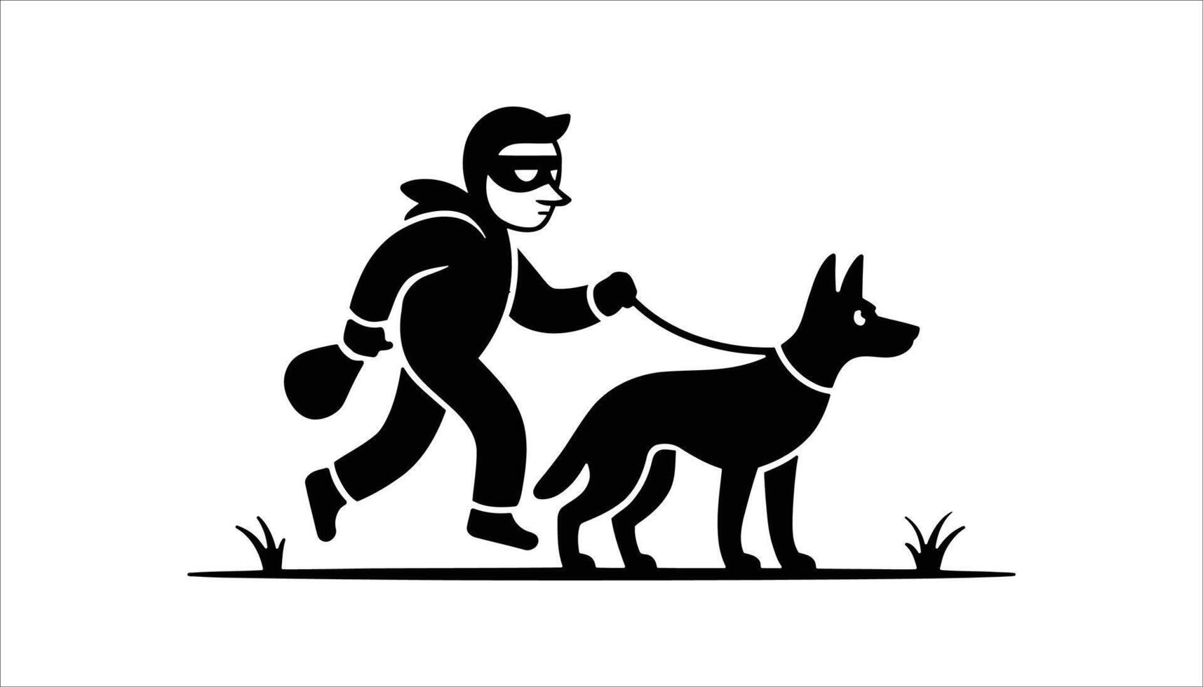 Cartoon Thief Walking Dog Icon with Mask and Bag, Black and White Illustration vector